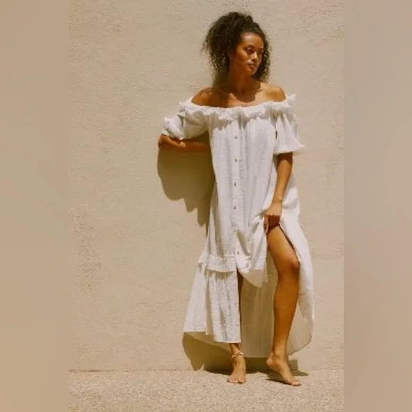 By ANTHROPOLOGIE RUFFLE OFF-THE-SHOULDER GAUZE DRESS size M medium - Picture 2 of 6